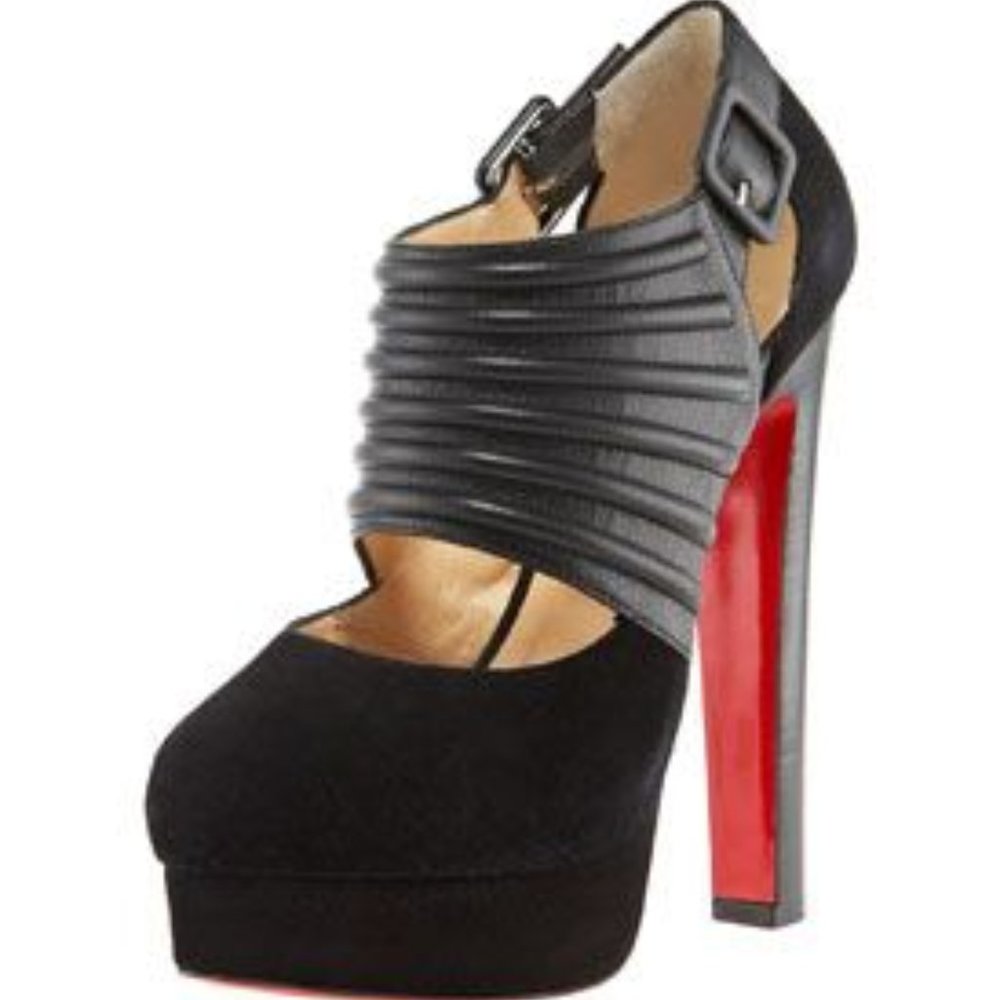 CHRISTIAN LOUBOUTIN Black Leather Suede Bye Bye Cutout Ankle Boots